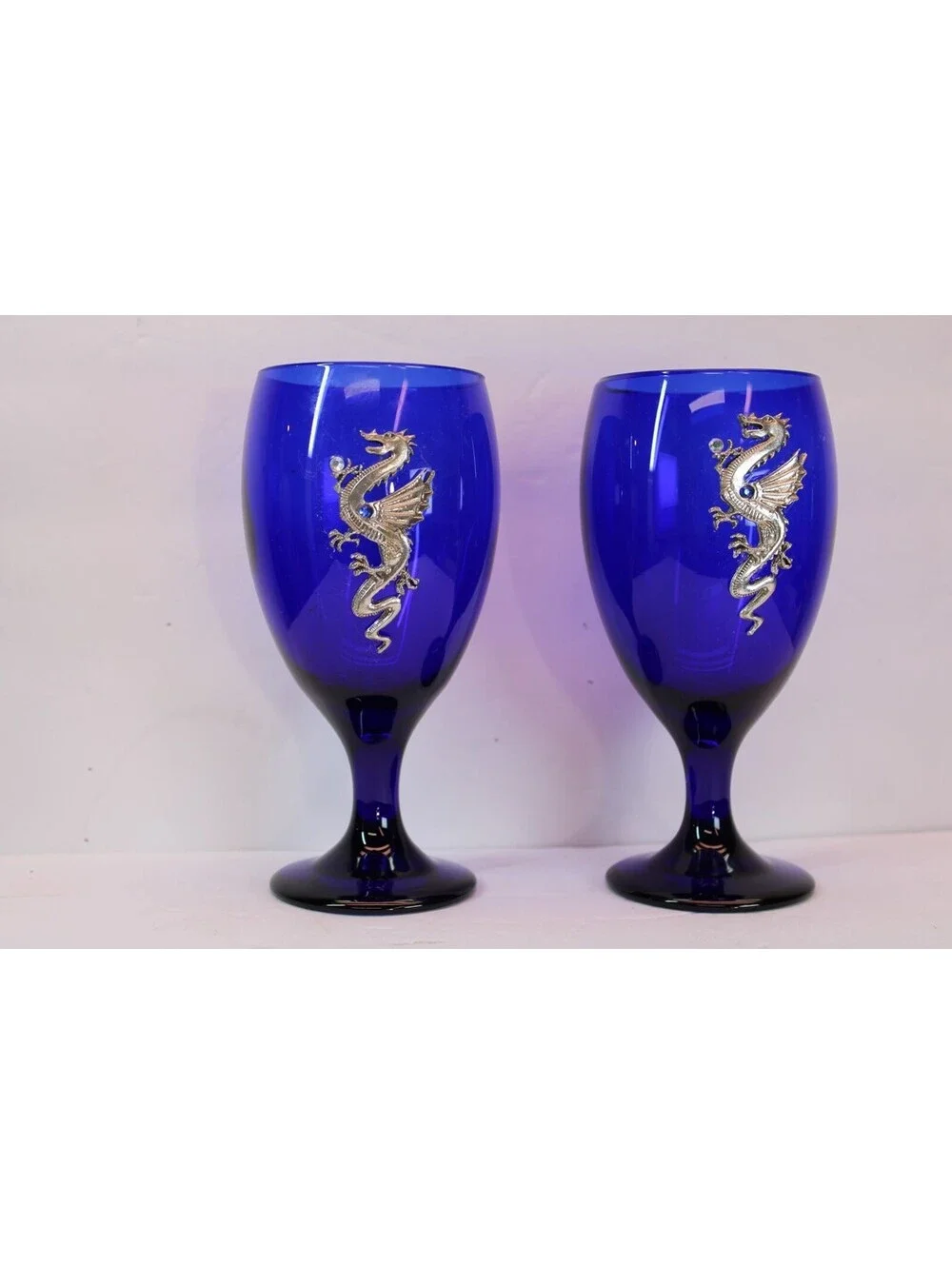 Vtg Cobalt Blue Glass Goblets w/Applied Pewter Dragon Jewels 12 oz. Set/2 NC